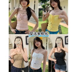 批发纯欲甜辣妹<b class='q'>蕾丝</b>抽绳绑带挂脖吊带背心女带<b class='q'>胸</b>垫一字肩美背<b class='q'>裹</b><b class='q'>胸</b>上衣