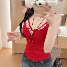 批发辣妹撞色格子蝴蝶结假两件吊带背心女内搭外穿带胸垫修身百搭上衣