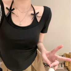 批发纯欲性感蝴蝶结挂脖<b class='q'>短袖</b>T恤女方领正肩薄打底衫修身显瘦短款上衣