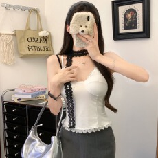 批发美式撞色蕾丝花边拼接假两件格子吊带背心女修身显瘦短款挂脖上衣