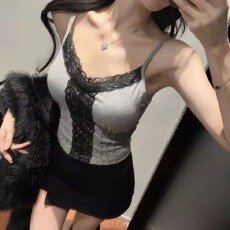 批发少女纯欲蕾丝拼接显瘦修身吊带背心自带胸垫性感V领内搭打底上衣