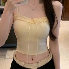 批发甜妹纯欲花边褶皱蝴蝶结系带胸垫吊带背心女带胸垫显瘦百搭上衣女