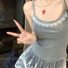 批发辣妹高级感女蕾丝拼接小吊带下摆拼接蕾丝叠穿背心带胸垫打底上衣