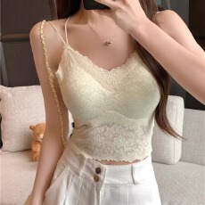 批发性感V领蕾丝吊带背心女内搭带胸垫美背内衣波浪边设计感打底上衣