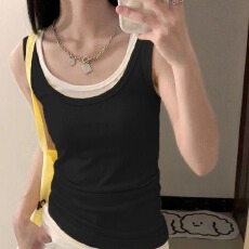 批发<b class='q'>文胸</b>背心女纯欲风性感撞色假两件吊带长款带胸垫内搭打底外穿上衣