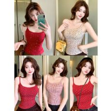 批发圣诞<b class='q'>红色</b>系人棉背心吊带女带胸垫少女风波点吊带内搭修身背心<b class='q'>上衣</b>