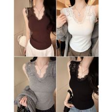 批发<b class='q'>秋</b>季新款辣妹风磨毛蕾丝拼接背心显瘦修身女一体式带胸垫上衣