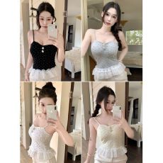 批发人棉甜美风波点蕾丝拼接吊带背心搭花边下摆修身一体式带胸垫上衣