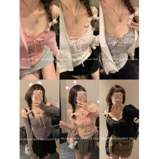 批发纯欲荷叶边小吊带背心女带胸垫小V领抹胸辣妹美背舒适带胸垫上衣