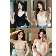 批发夏季新款性感辣妹风V领蕾丝拼接冰丝背心女修身一体式带胸垫上衣