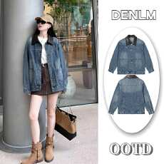 批发复古<b class='q'>牛仔</b>外套女春秋季慵懒风bf宽松pu皮拼接翻领夹克上衣