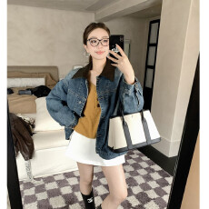 批发港风chic复古<b class='q'>牛仔</b>外套女春秋季慵懒风bf宽松pu皮拼接翻领夹克上衣