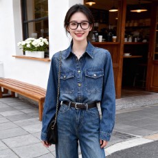 批发韩版深蓝色<b class='q'>牛仔</b>外套女秋季翻领单排扣港风高级时尚减龄百搭上衣潮