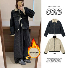 批发颗粒绒<b class='q'>牛仔</b>外套女冬季小个子加绒加厚保暖羊羔绒毛领短款夹克上衣