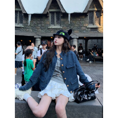 批发3MER哦哦三妹老钱调肌理感牛仔小香风外套女<b class='q'>秋</b>季新款蓝色立领夹克