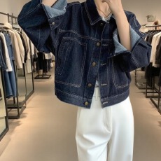 批发春秋复古深蓝街头美式做旧翻领宽松系扣夹克外套开衫女上衣<b class='q'>牛仔</b>衣