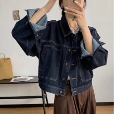 批发秋装复古深蓝街头美式做旧翻领宽松系扣夹克外套开衫女上衣<b class='q'>牛仔</b>