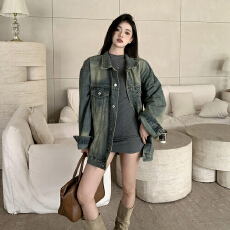批发高街美式复古水洗做旧牛仔外套女春<b class='q'>秋</b>宽松bf慵懒风休闲百搭上衣潮