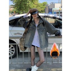 批发男女同款情侣痞帅加绒加厚牛仔外套女秋冬季美式复古工装<b class='q'>夹克</b>上衣