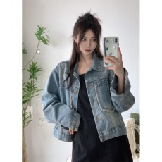 批发法式复古毛边潮流牛仔短外套女<b class='q'>秋</b>季2025新款长袖宽松百搭休闲上衣