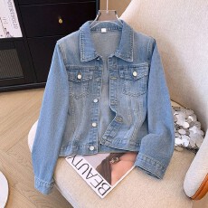 批发蓝色牛仔外套女2026春<b class='q'>秋</b>时尚百搭新款韩系独特长袖翻领夹克上衣
