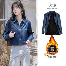 批发加绒加厚蓝色牛仔<b class='q'>衬衫女</b>春秋叠穿设计感小众复古港味宽松<b class='q'>长袖</b>上衣