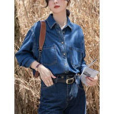 批发蓝色牛仔<b class='q'>衬衫女</b>春秋叠穿设计感小众复古港味宽松<b class='q'>长袖</b>上衣