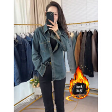 批发加绒牛仔衬衫女<b class='q'>秋</b>冬季设计感港风复古叠穿打底保暖一体绒衬衣上衣