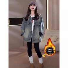 批发美式复古加绒加厚牛仔外套<b class='q'>秋</b>冬季2025年新款休闲夹克宽松减龄上衣