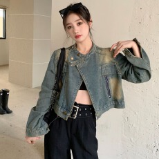 批发新款机车返潮复古宽松牛仔外套小个子春<b class='q'>秋</b>复古港风立领水洗外套