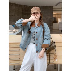 批发拼色翻领蓝色牛仔短外套女春<b class='q'>秋</b>2026新款短款复古小个子休闲夹克