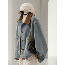 批发4U4U 撞色翻领牛仔短外套女<b class='q'>秋</b>季新款韩里韩气灯芯绒拼接休闲上衣