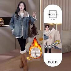 批发欧货加绒时尚羊羔加厚牛仔新款棉衣外套<b class='q'>冬</b>季宽松洋气棉服保暖百搭