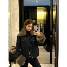 批发设计感毛绒绒拼接复古蓝色牛仔外套女<b class='q'>秋</b>冬季翻领宽松长袖保暖上衣