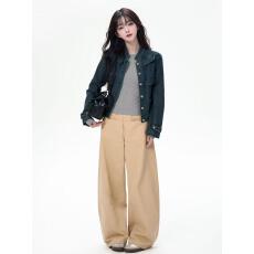 批发欧货小众深蓝色牛仔外套女春<b class='q'>秋</b>立领单排扣时尚复古减龄显瘦上衣潮