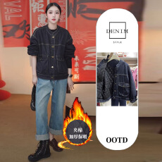 批发韩系休闲洋气宽松夹棉牛仔外套女<b class='q'>秋</b>冬别致超好看短款棉衣棉服