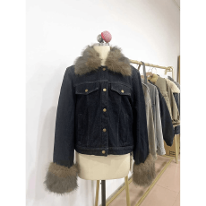 批发高级感藏蓝色夹棉毛绒翻领小香风棉服外套女<b class='q'>冬</b>季宽松加厚保暖棉衣