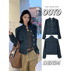 批发美式复古立领开衫正肩牛仔外套女春<b class='q'>秋</b>老钱风高级感宽松夹克上衣潮