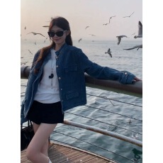 批发高级感气质小香风牛仔外套女<b class='q'>秋</b>季短款小众设计感立领蓝色夹克上衣