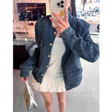 批发桃老钱调小众肌理感牛仔小香风外套女春<b class='q'>秋</b>新款H型立领夹克上衣女