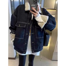 批发2025<b class='q'>冬</b>新款复古翻领羊羔毛牛仔外套女加绒加厚牛仔衣宽松夹克开衫