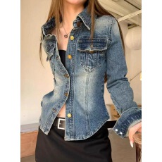 批发美式春<b class='q'>秋</b>款2025复古休闲牛仔外套水洗POLO上衣修身收腰衬衣女