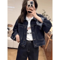 批发复古牛仔深蓝色废土风短款外套2024春<b class='q'>秋</b>新款休闲时尚宽松夹克上衣