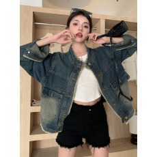 批发港味复古毛边大口袋牛仔<b class='q'>外套女</b>春季新款宽松显瘦气质上衣立领夹克