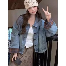 批发2026春秋季新款宽松<b class='q'>短</b>外套牛仔PU拼接夹克<b class='q'>外套女</b>秋季休闲长袖