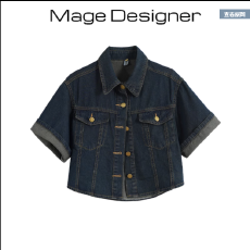 批发夏季<b class='q'>韩版</b>chic港味复古短款小个子翻领宽松牛仔外套短袖衬衫上衣女