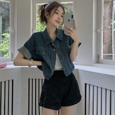 批发<b class='q'>韩版</b>复古蓝短袖牛仔外套女夏新款设计感小众宽松短款夹克衬衫上衣