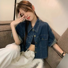批发设计感复古短袖衬衫牛仔外套女<b class='q'>夏</b>季薄款大码宽松衬衣短款夹克上衣