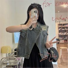 批发夏季新款机车帅气休闲百搭牛仔<b class='q'>马甲</b>小个子复古港风立领水洗<b class='q'>外套</b>