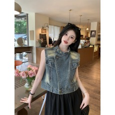 批发休闲美式复古水洗<b class='q'>百搭</b>宽松牛仔马甲女装2026夏季气质立领无袖上衣